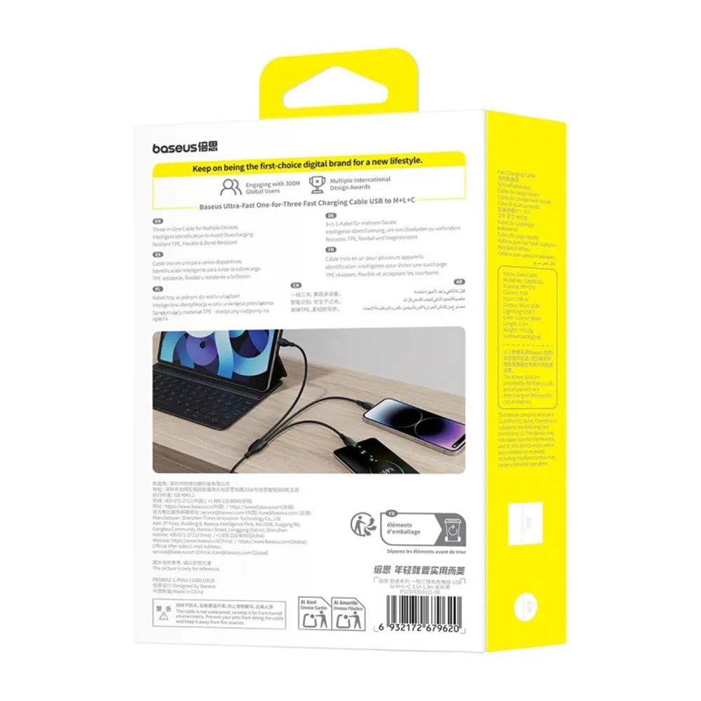 USB-A Charging Cable - Lightning / microUSB / USB-C Baseus Ultra Fast 3in1, 18W, 0.8m, Black P10377501111-00