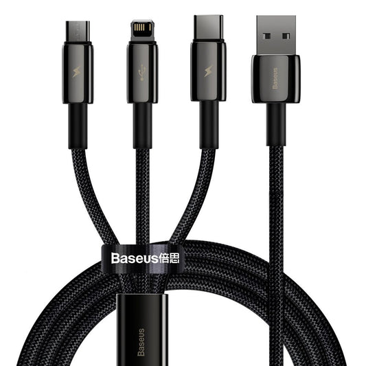 USB-A - Lightning / microUSB / USB-C Ladekabel Baseus Tungsten Gold 3in1, 18W, 1.5m, Schwarz CAMLTWJ-01