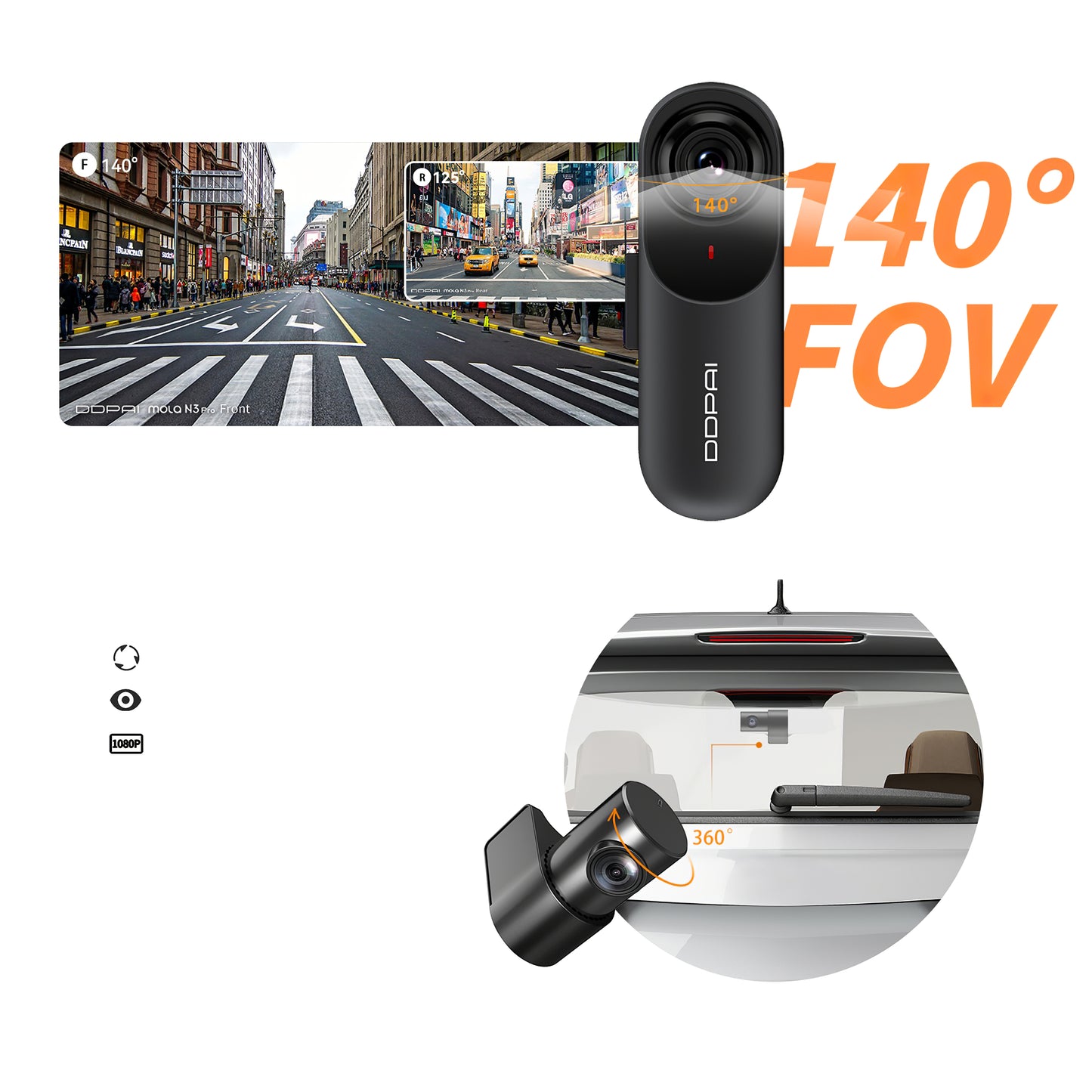 Caméra Auto Avant Arrière DDPAI mola N3 Pro, 1600P, Wi-Fi