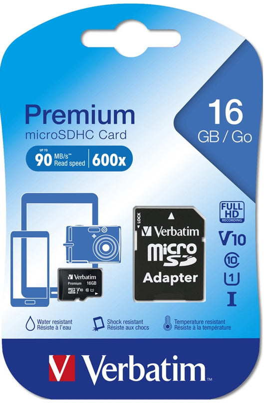 Verbatim microSDHC Geheugenkaart, 16Gb, Klasse 10 / UHS-1 U1, Met Adapter
