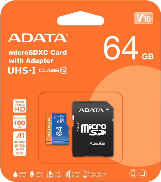 Carte mémoire Adata microSDXC, 64 Go, Classe 10 / UHS-1 U1, avec adaptateur AUSDX64GUICL10A1-RA1 AUSDX64GUICL10A1-RA1