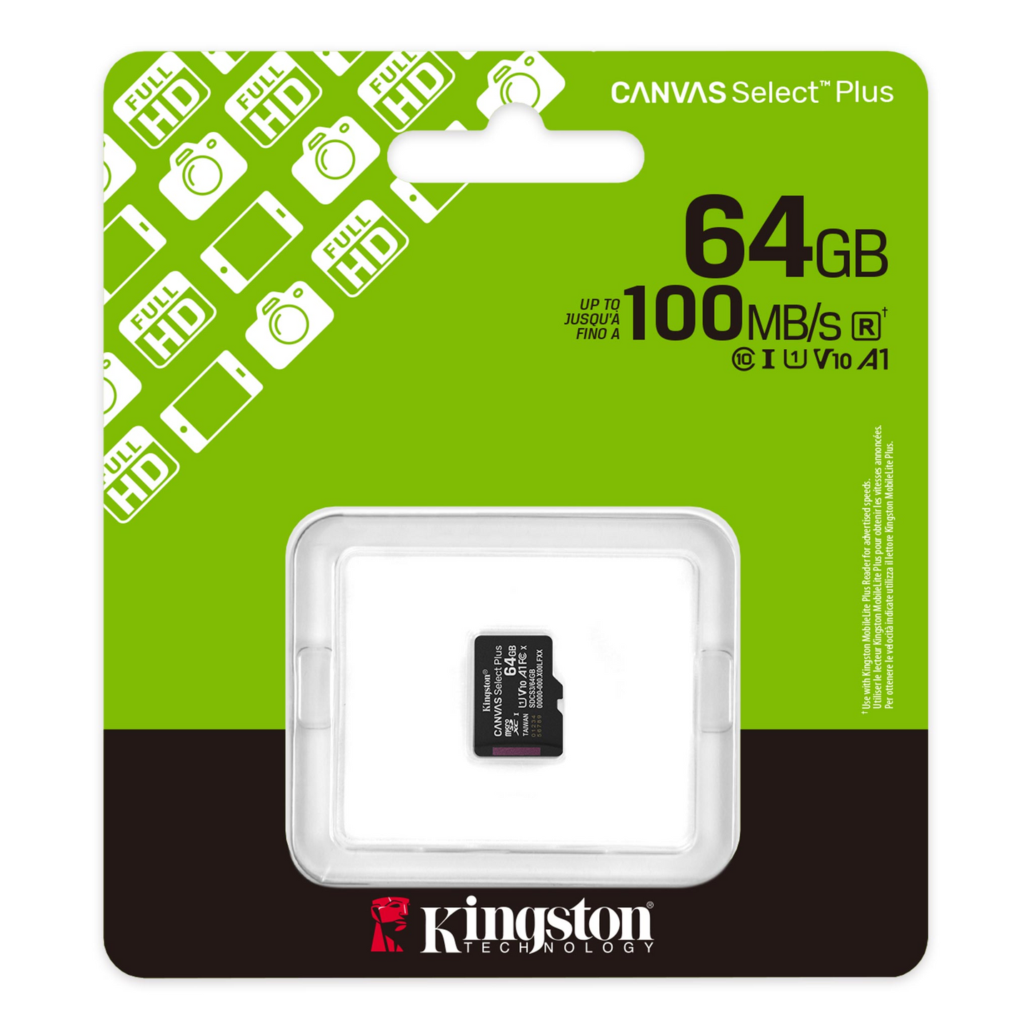 Carte mémoire microSDXC Kingston Canvas Select Plus Android A1, 64Gb, Classe 10 / UHS-1 U1 SDCS3/64GBSP