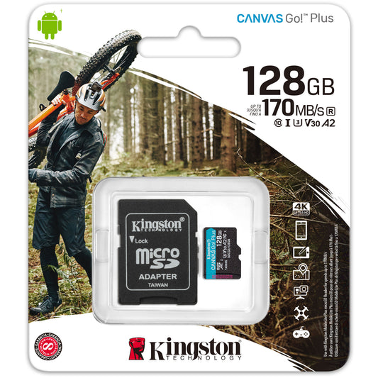 Carte mémoire microSDXC Kingston Canvas Go Plus, 128 Go, Classe 10 / UHS-1 U3, avec adaptateur SDCG3/128 Go