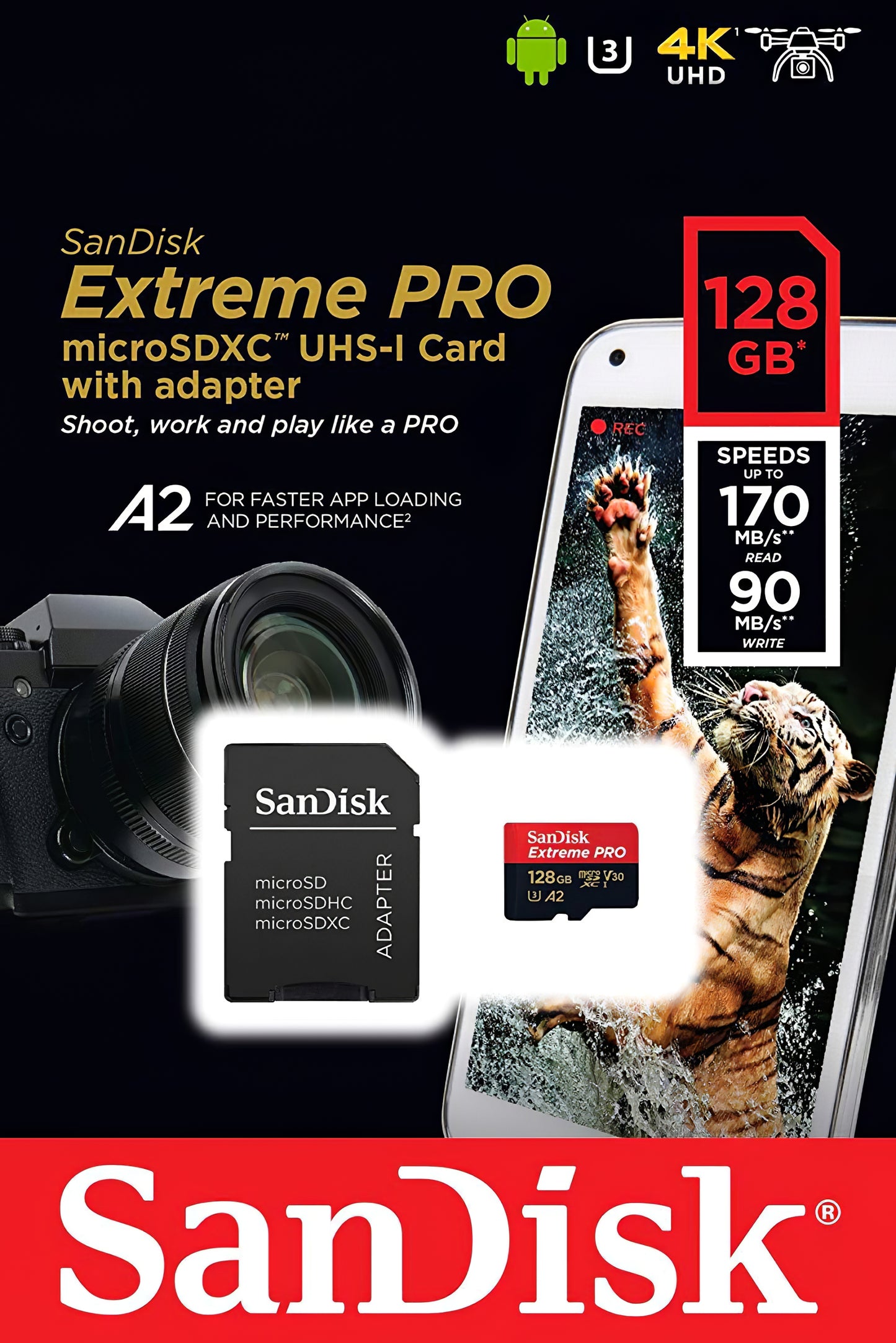 Geheugenkaart microSDXC SanDisk Extreme Pro, 128Gb, Klasse 10 / UHS-1 U3, Met Adapter SDSQXCD-128G-GN6MA