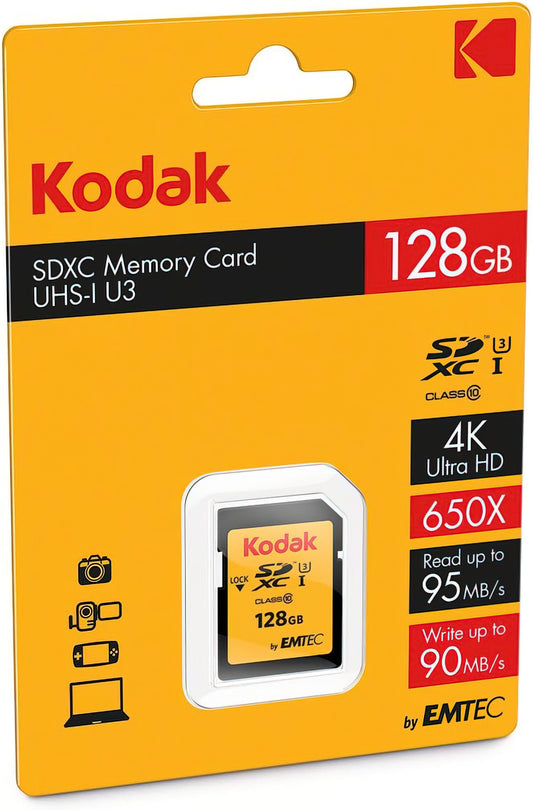 Kodak SDXC Geheugenkaart, 128Gb, Klasse 10 / UHS-1 U3 EKMSD128GXC10HPRK