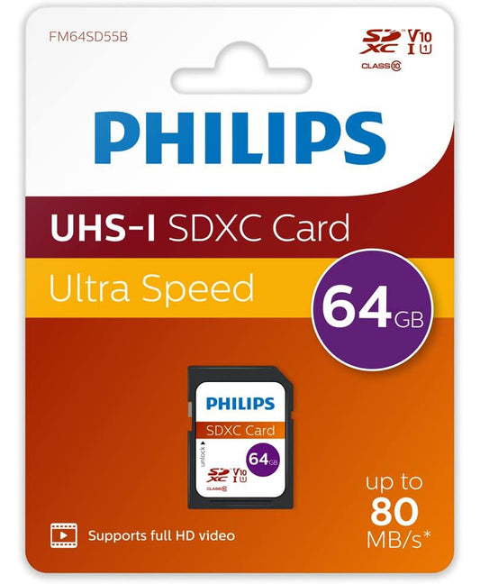Carte mémoire SDXC Philips, 64Gb, Classe 10 / UHS-1 U1 FM64SD55B/00