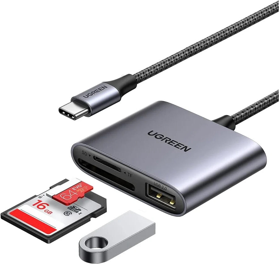 Kaartlezer USB-C UGREEN CM387, USB-A (OTG) - SD - microSD, Zwart