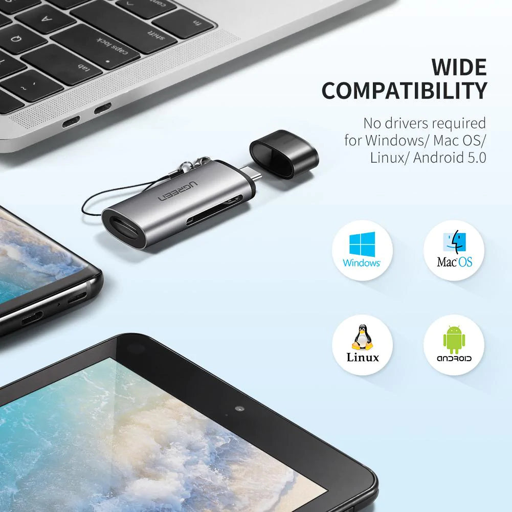 Kaartlezer USB-C UGREEN CM184, SD - microSD, Grijs