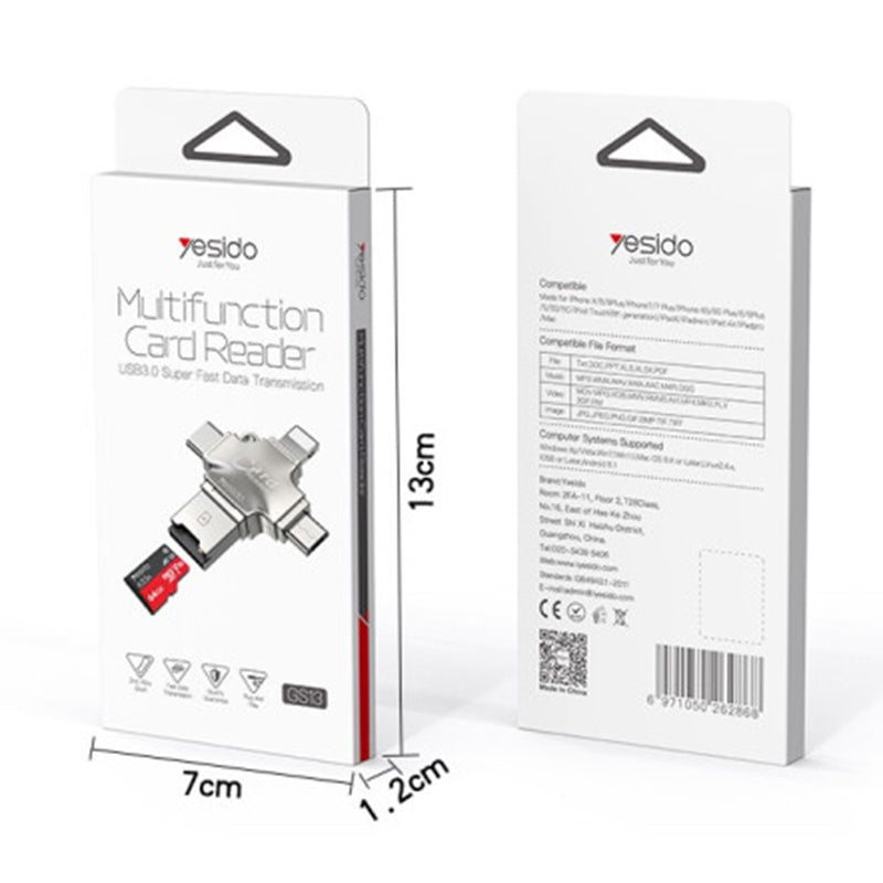 Lecteur de carte USB / USB-C / Lightning / microUSB Yesido GS13, microSD, Argenté