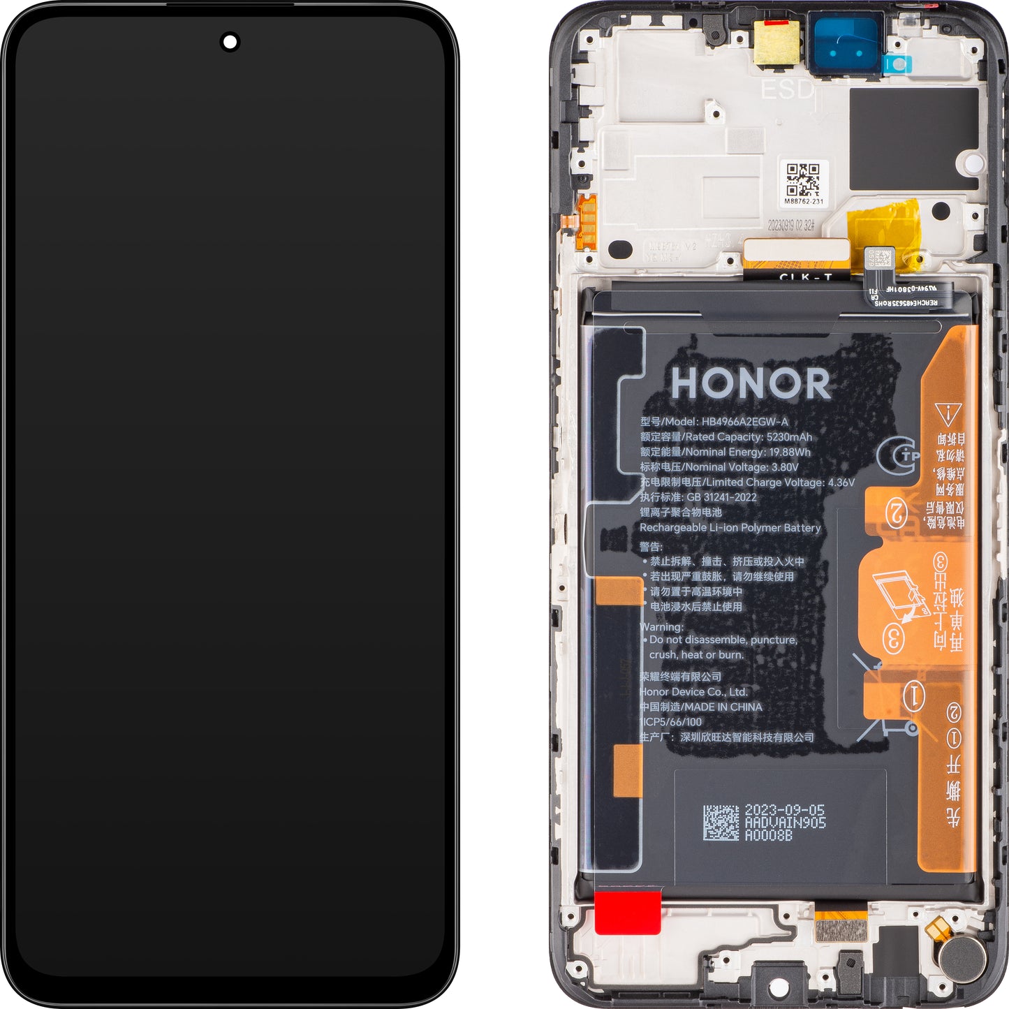 Écran tactile Honor 90 Smart / X7b 4G, avec cadre et batterie, noir (Midnight Black), Service Pack 0235AHDQ