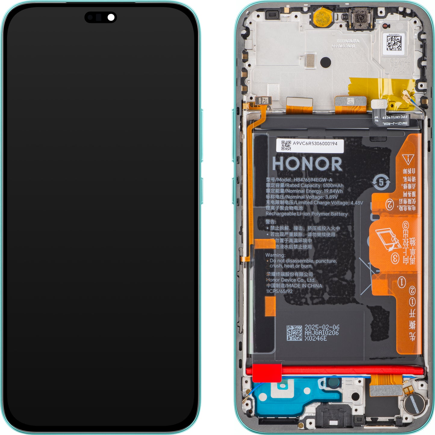 Écran tactile Honor 400 Lite avec cadre et batterie, Vert (Marrs Green), Pack de service 0235ANTB