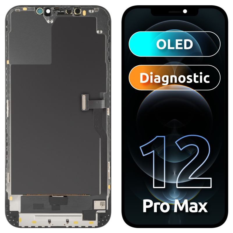 Display mit Touchscreen MP kompatibel mit Apple iPhone 12 Pro Max, mit Rahmen, OLED Diagnose-Version, Schwarz