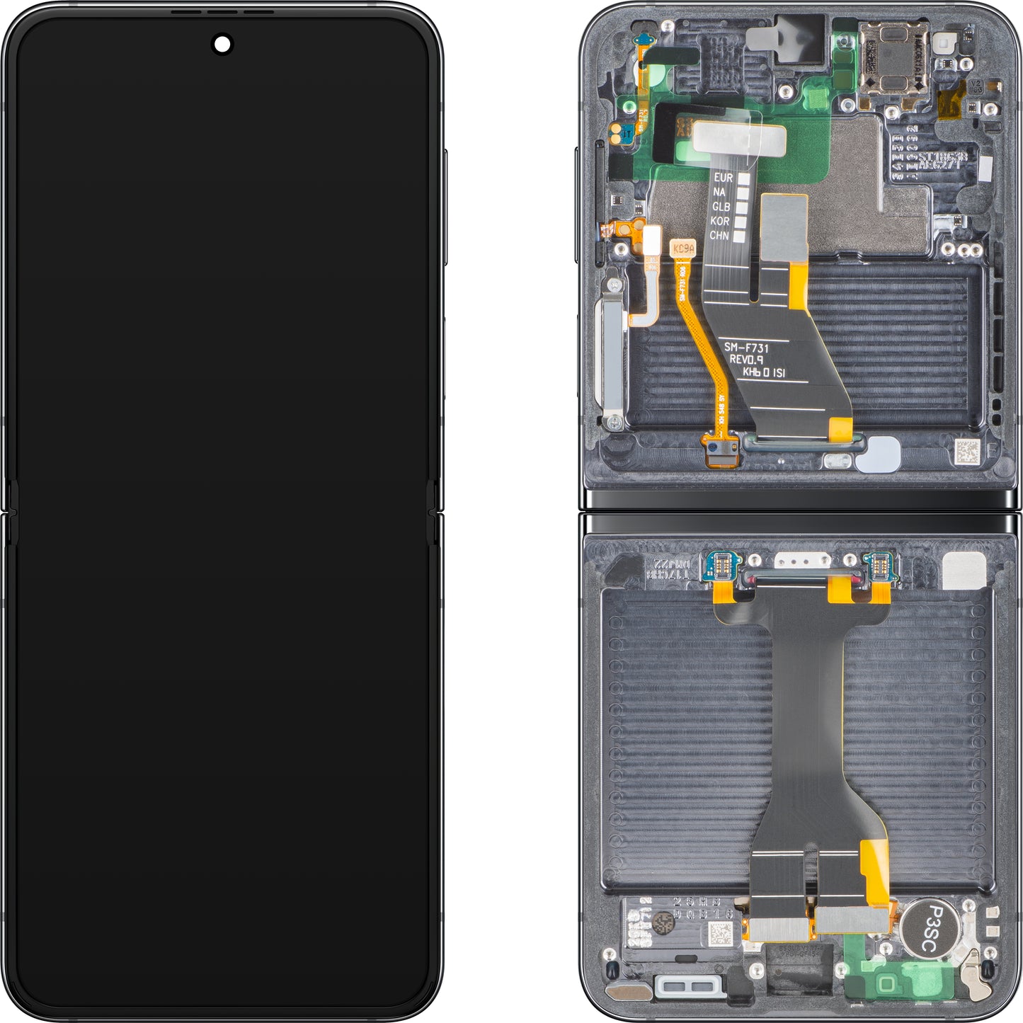 Écran tactile Samsung Galaxy Z Flip5 F731, avec cadre, sous Inner, gris (Graphite), pack de service GH82-31827A