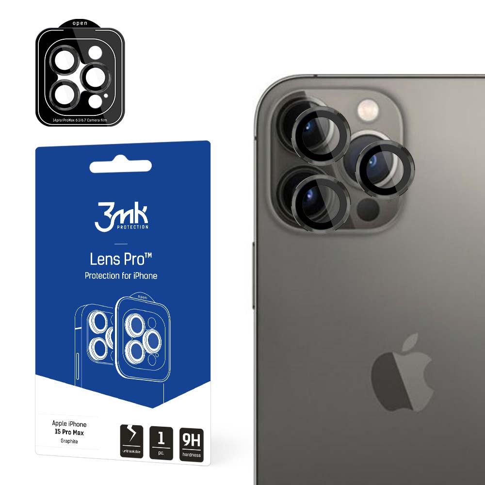 Film de protection pour caméra arrière 3MK pour Apple iPhone 15 Pro Max, Verre Trempé, Noir