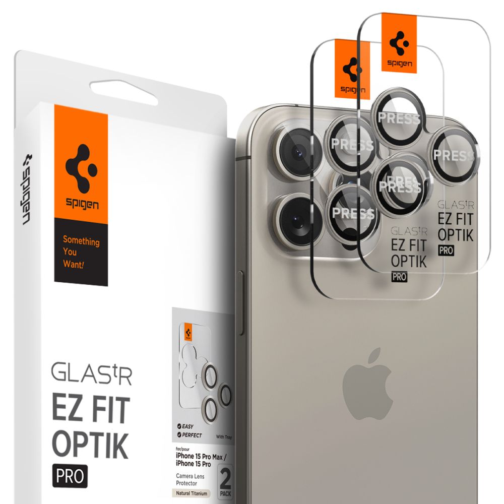 Film de protection de l'appareil photo arrière Spigen EZ FIT pour Apple iPhone 15 Pro Max / 15 Pro, Protection en verre, Lot de 2 pièces, Gris AGL07163