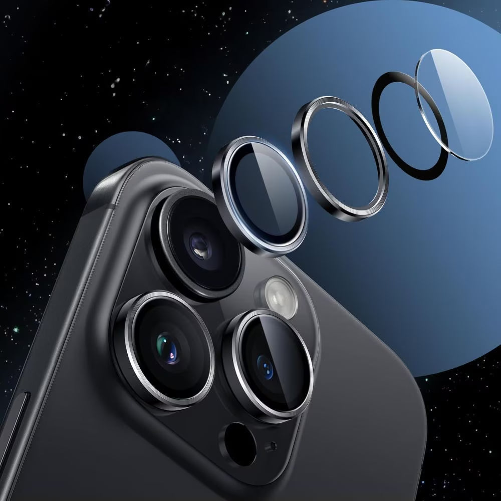 Beschermfolie Tech-Protect CamRing Fit+ voor de achtercamera van Apple iPhone 17, Gehard Glas, Zwart