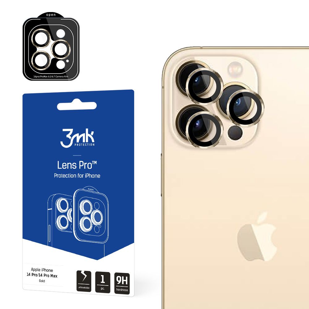 Film de protection pour caméra arrière 3MK Protection Pro pour Apple iPhone 14 Pro Max / 14 Pro, Verre trempé, Doré