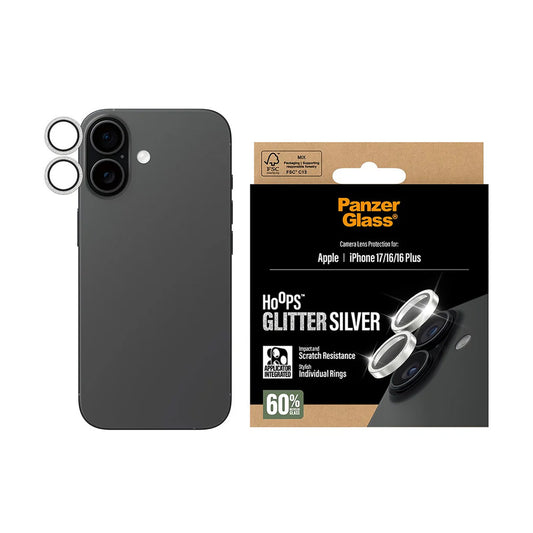 Beschermfolie Achtercamera PanzerGlass Hoops Glitter voor Apple iPhone 17 / 16 Plus / 16, Gehard Glas, Zilverkleurig
