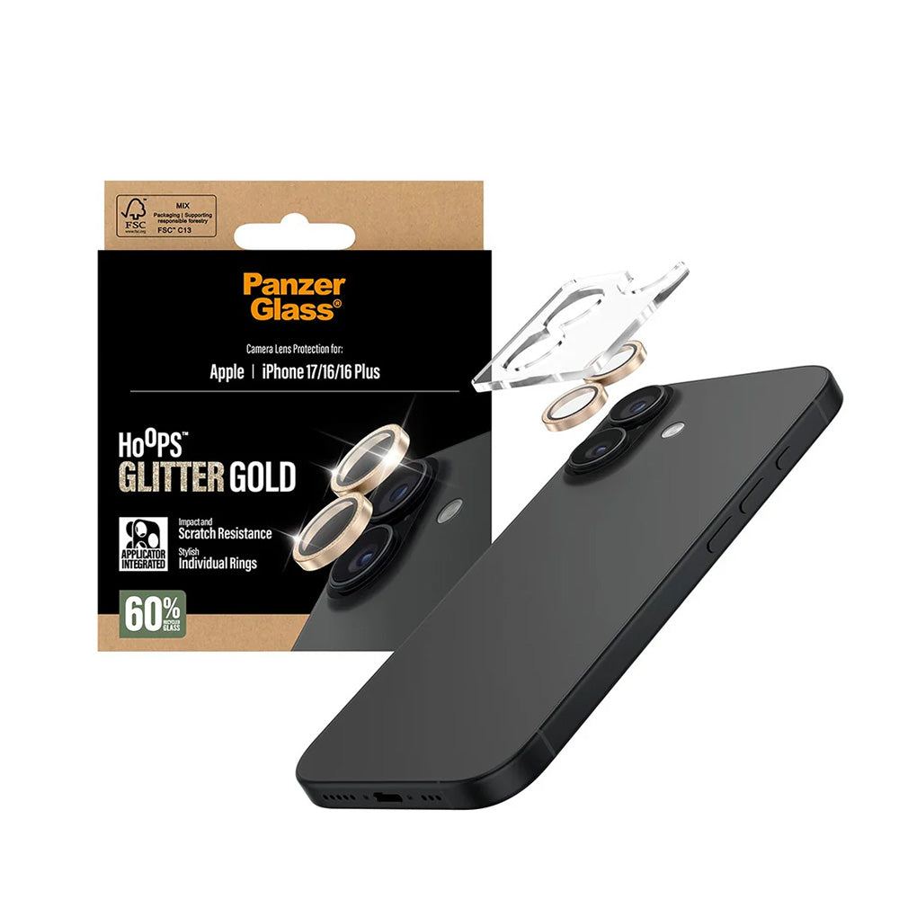 Film de protection pour caméra arrière PanzerGlass Hoops Glitter pour Apple iPhone 17 / 16 Plus / 16, Verre Trempé, Doré