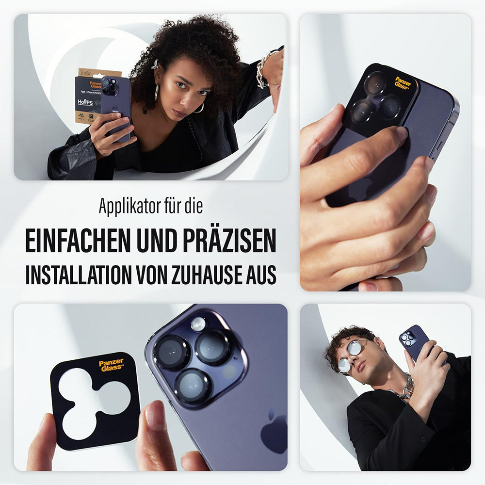 Schutzfolie PanzerGlass Hoops für die Rückkamera des Apple iPhone 16 Plus / 16, gehärtetes Glas, Schwarz