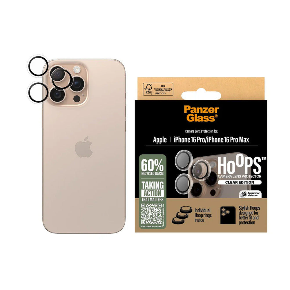 Beschermfolie PanzerGlass Hoops voor de achtercamera van Apple iPhone 16 Pro Max / 16 Pro, Gehard Glas, Transparant