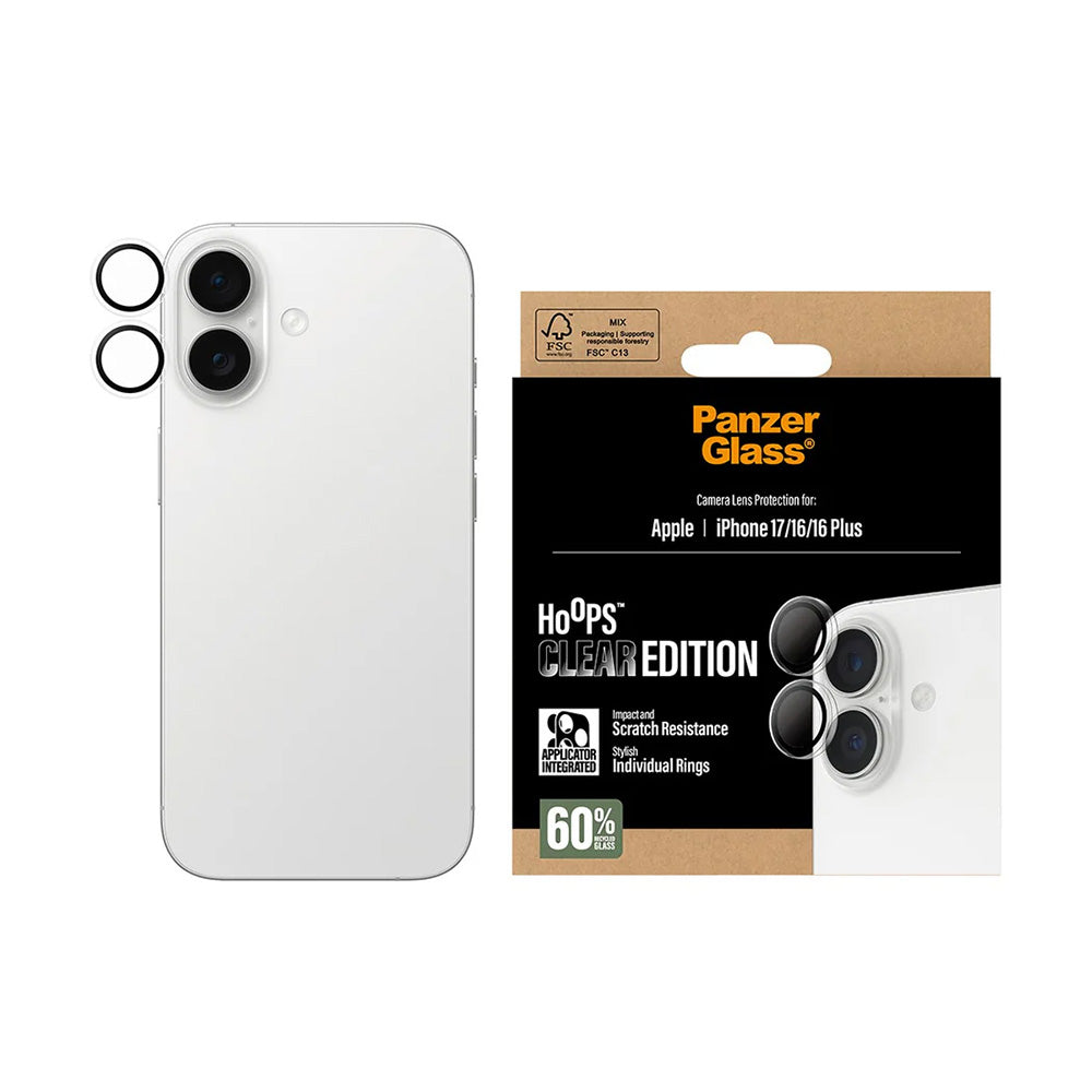 Beschermfolie Achtercamera PanzerGlass Hoops voor Apple iPhone 17 / 16 Plus / 16, Gehard Glas, Transparant