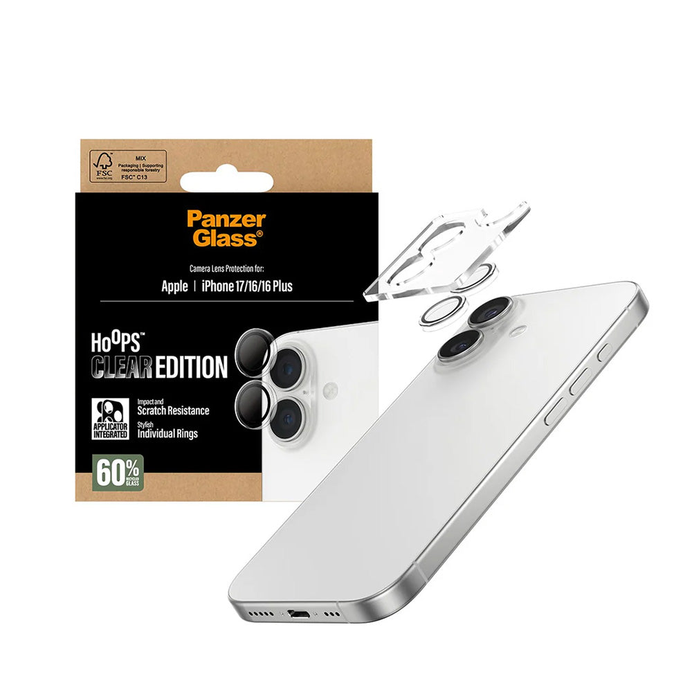 Beschermfolie Achtercamera PanzerGlass Hoops voor Apple iPhone 17 / 16 Plus / 16, Gehard Glas, Transparant