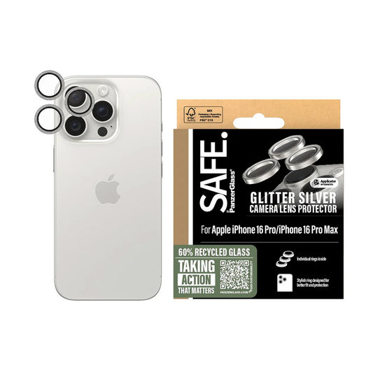Beschermfolie PanzerGlass Safe voor de achtercamera. Glitter voor Apple iPhone 16 Pro Max / 16 Pro, Gehard Glas, Zilverkleurig
