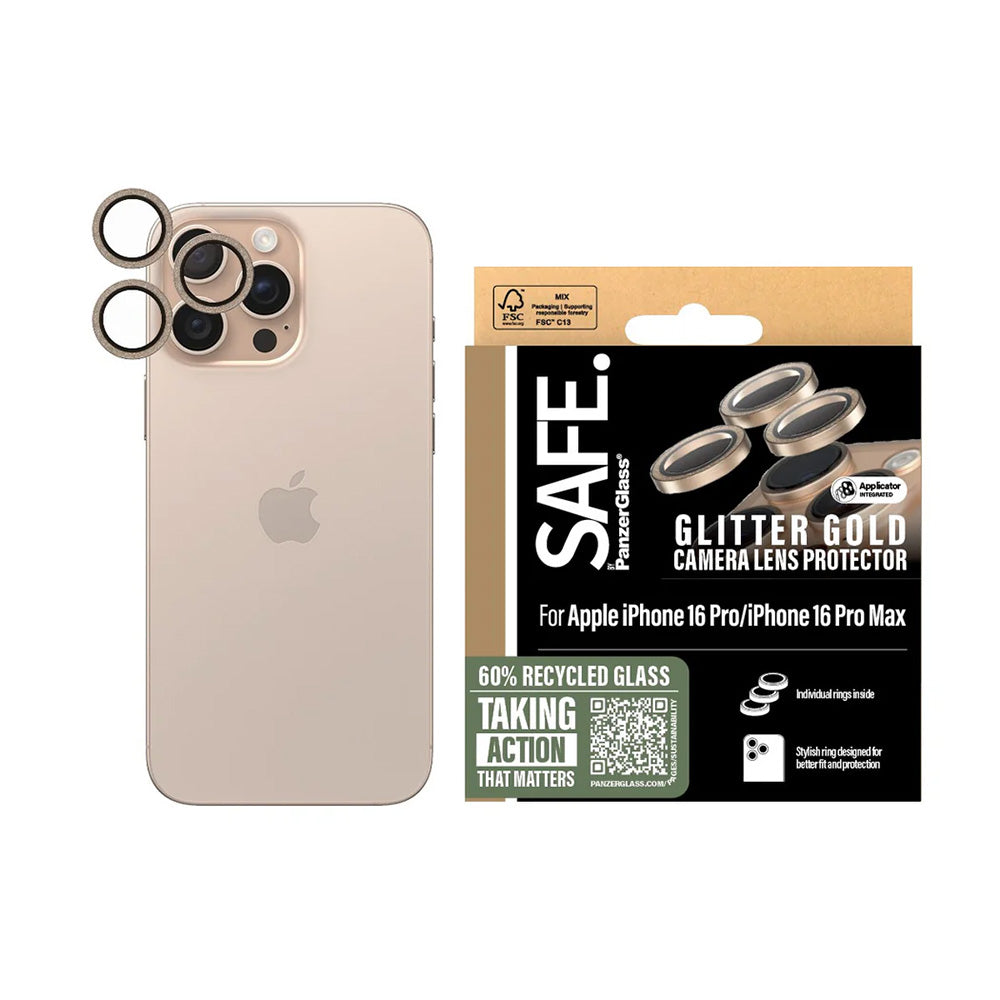 Film de protection pour caméra arrière PanzerGlass Safe. Paillettes pour Apple iPhone 16 Pro Max / 16 Pro, Verre Trempé, Doré.