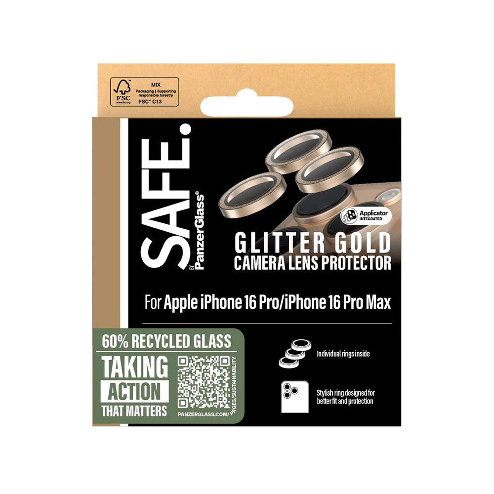 Film de protection pour caméra arrière PanzerGlass Safe. Paillettes pour Apple iPhone 16 Pro Max / 16 Pro, Verre Trempé, Doré.