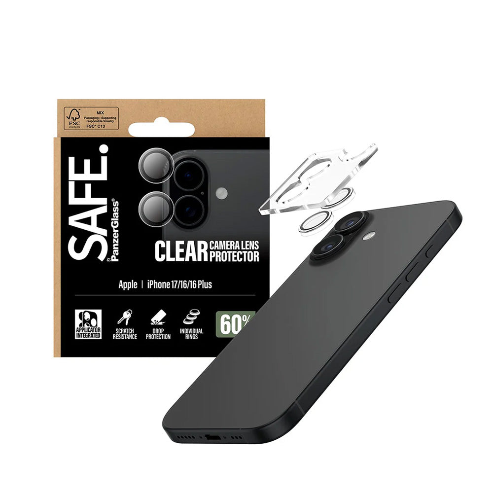 Beschermfolie PanzerGlass Safe voor de achtercamera. voor Apple iPhone 17 / 16 Plus / 16, Gehard Glas, Transparant