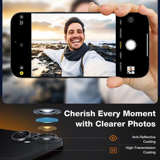 Schutzfolie Torras Lensguard für die Rückkamera des Apple iPhone 16 Plus / 16, gehärtetes Glas, Schwarz