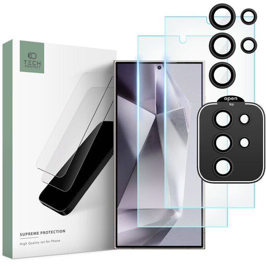 Tech-Protect Supreme Scherm- en Camerabeschermfolie voor Samsung Galaxy S24 Ultra S928, Glasbeschermd, Volledig gelijmd, Set 3 stuks, 2,5D