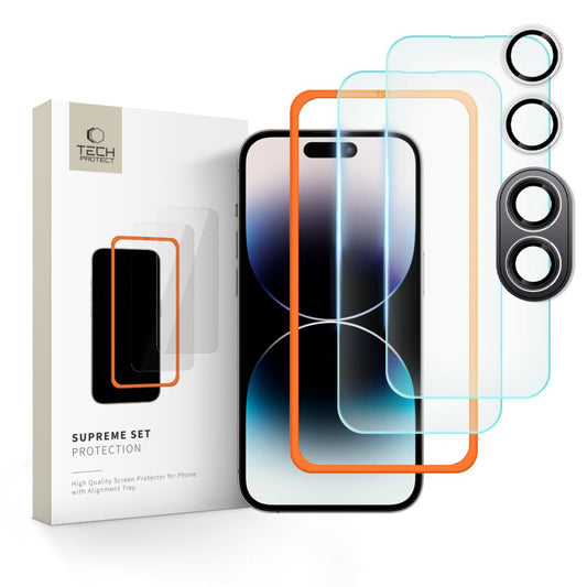 Tech-Protect Supreme Scherm- en Camerabeschermfolie voor Apple iPhone 16 Plus, Glasbeschermd, Volledig gelijmd