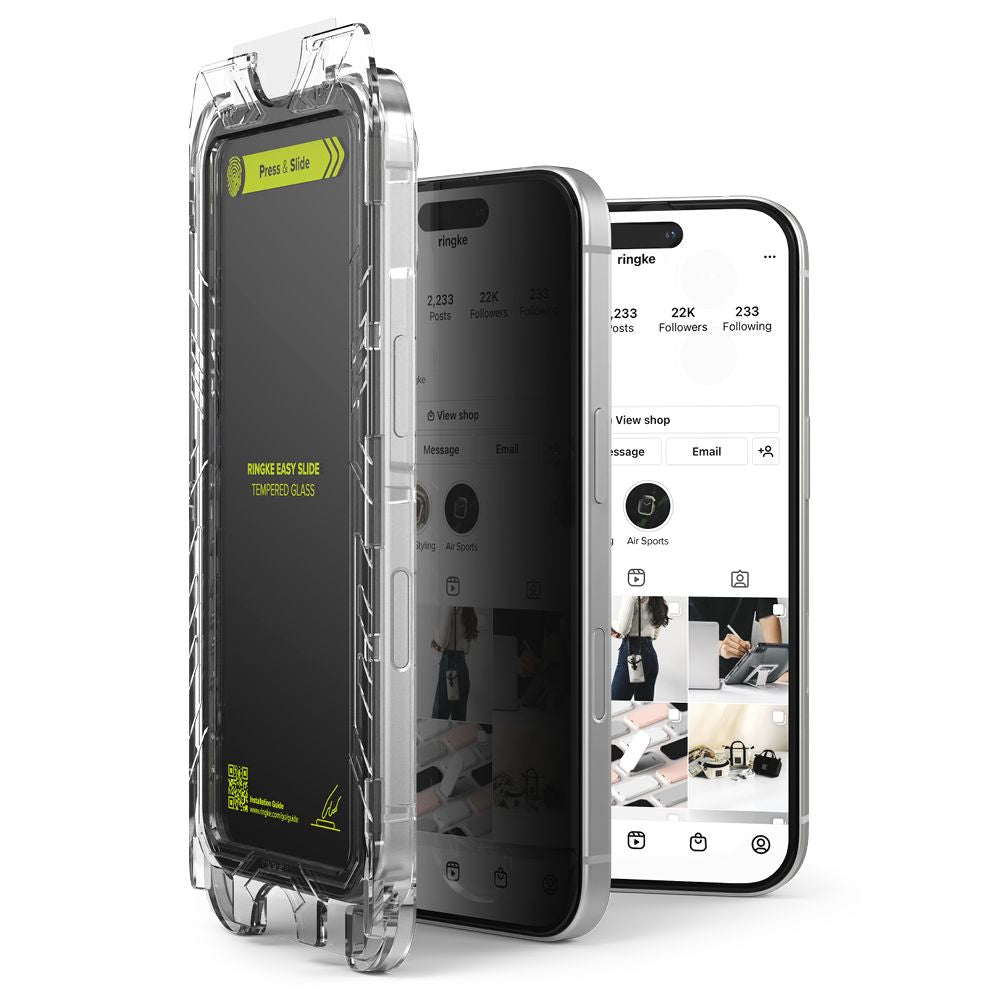 Film de protection d'écran Privacy Ringke Easy Slide pour Apple iPhone 16 / 15, Verre Trempé, Full Glue, Set de 2 pièces