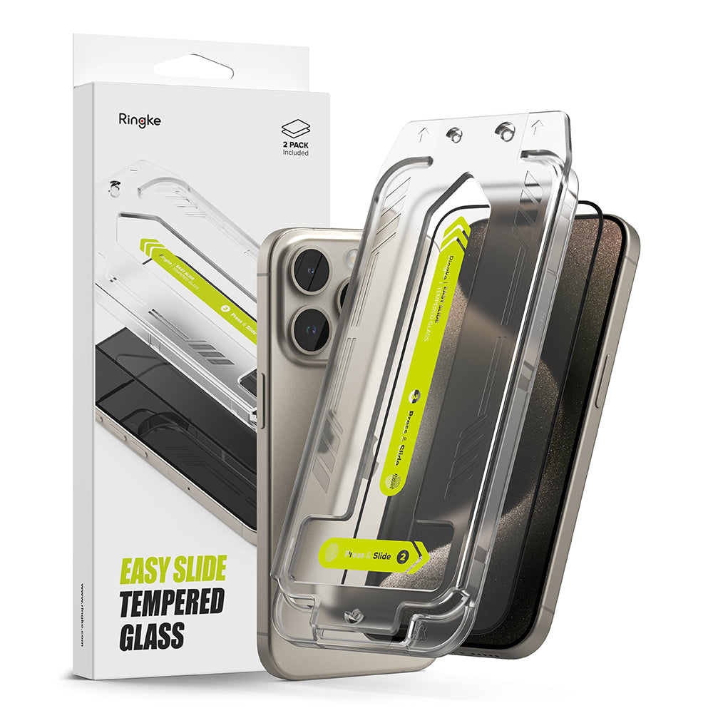 Film de protection d'écran Ringke Easy Slide pour Apple iPhone 15 Pro Max, Verre Trempé, Full Glue, Set de 2 pièces, Noir