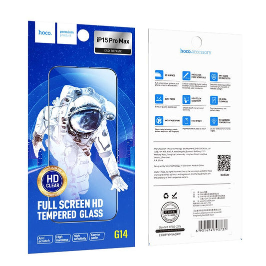 Schermbeveiligingsfolie HOCO G14 voor Apple iPhone 15 Pro Max, Gehard Glas, Volledige Lijm, Set van 10 stuks, 5D, Zwart