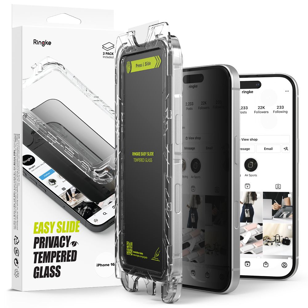 Film de protection d'écran Privacy Ringke Easy Slide pour Apple iPhone 16 / 15, Verre Trempé, Full Glue, Set de 2 pièces
