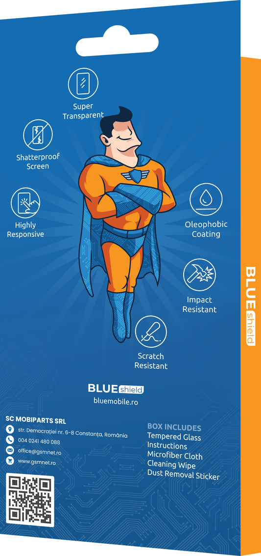 BLUE Shield Screen Protector voor Motorola Moto E20, Afgeschermd glas, volledige kleeflaag, case-vriendelijk, zwart