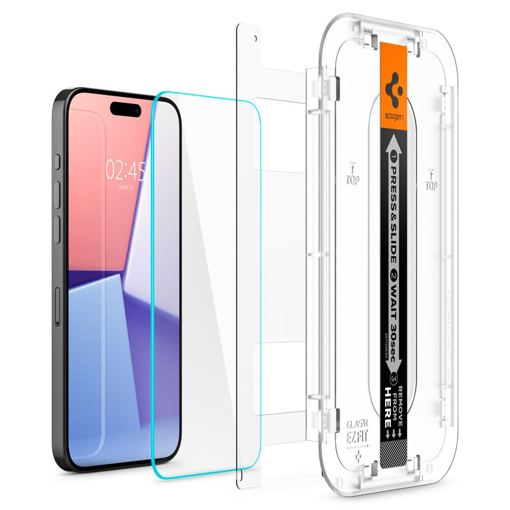 Spigen GlastR EZ FIT schermbeschermfolie voor Apple iPhone 15 Pro, gehard glas, full glue, set van 2 stuks AGL06892