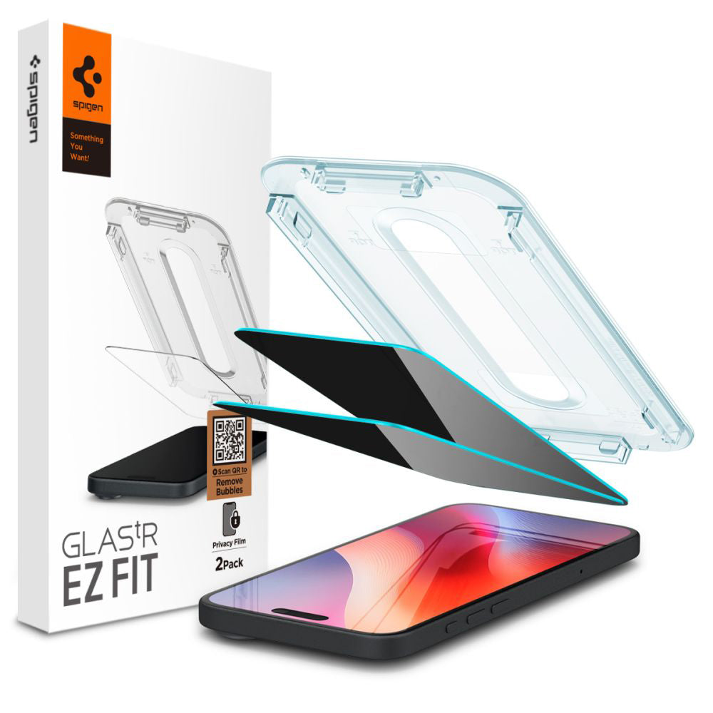 Privacy Screen Protector Spigen GlastR EZ FIT voor Apple iPhone 16 / 15, Gehard Glas, Volledige Lijm, Set van 2 stuks AGL06905