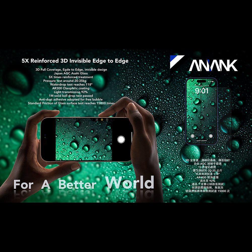 Beschermfolie Anank 5X Versterkt Onzichtbaar voor Apple iPhone 17 Pro, Gehard Glas, Volledige Lijm, 3D, Zwart