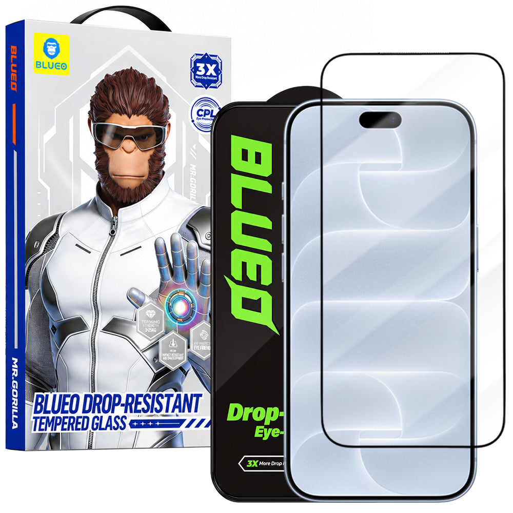 Blueo Drop Resistant Displayschutzfolie für Apple iPhone 18 Pro / 17 Pro / 17 / 16 Pro, gehärtetes Glas, vollflächig klebend, schwarz