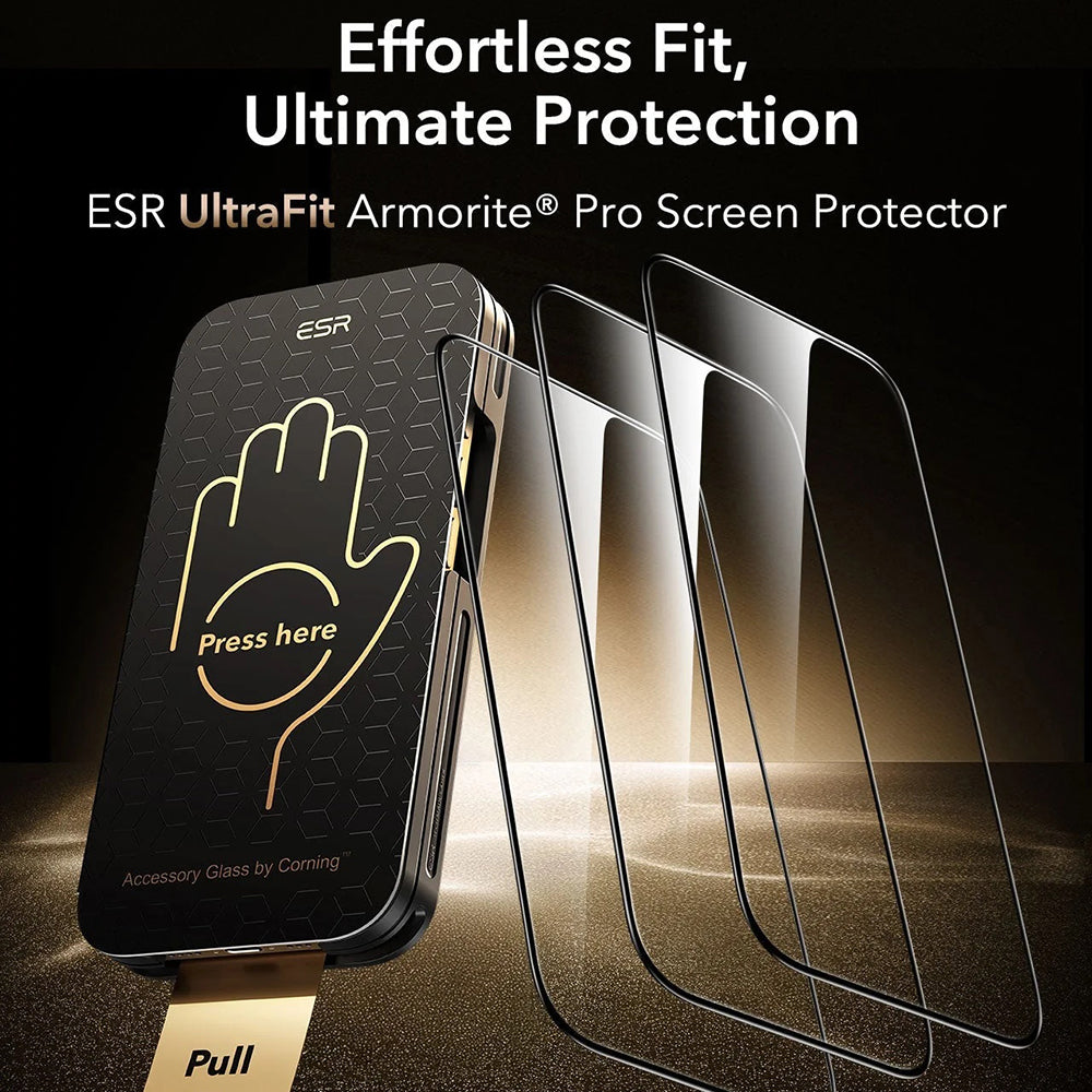 Schermbeveiligingsfolie ESR Corning UltraFit voor Apple iPhone 17 / 16 Pro, Gehard Glas, Volledige Lijm, Set van 3 stuks, Zwart