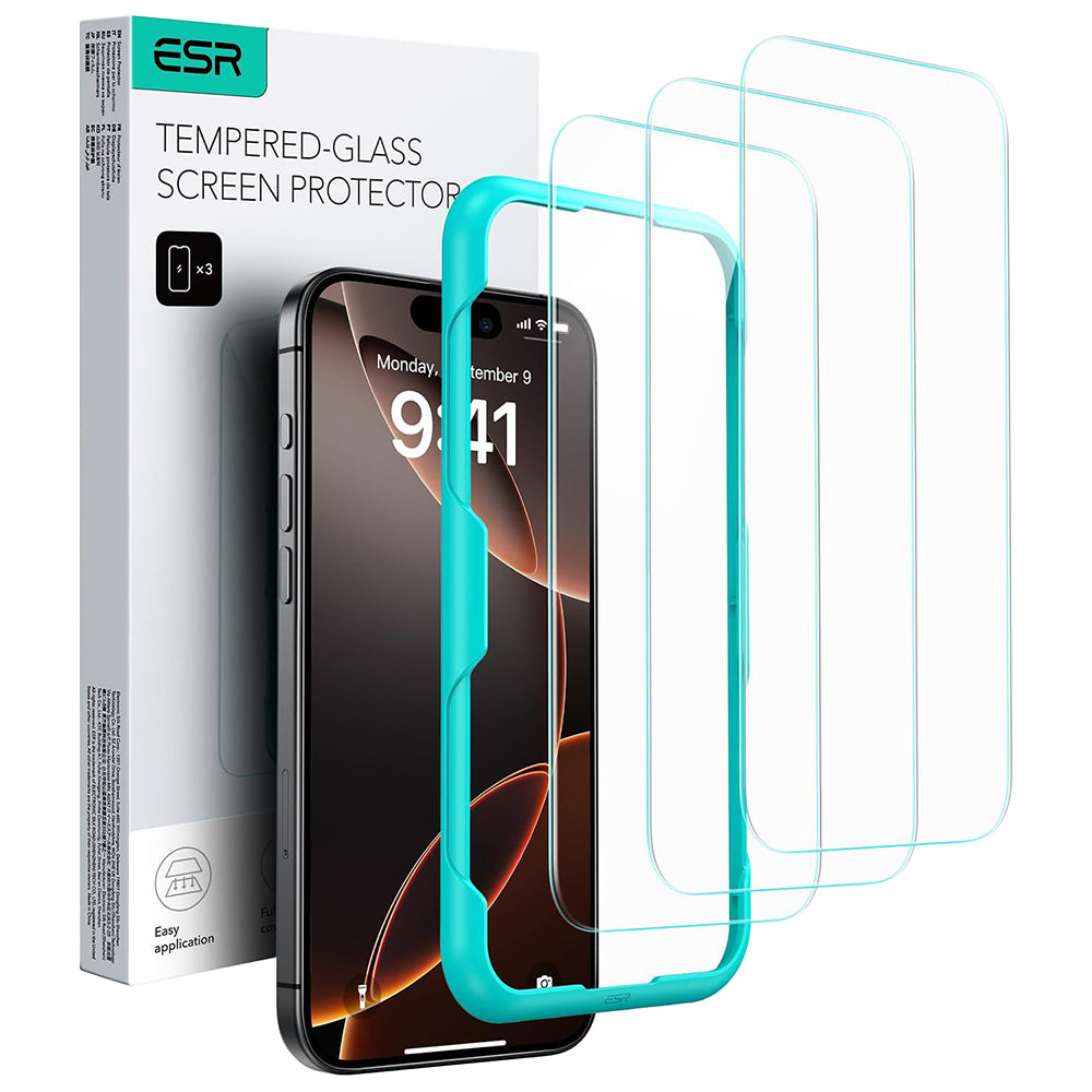 ESR schermbeschermfolie voor Apple iPhone 17 / 16 Pro, Gehard Glas, Volledige Lijm, Set van 3 stuks, Zwart