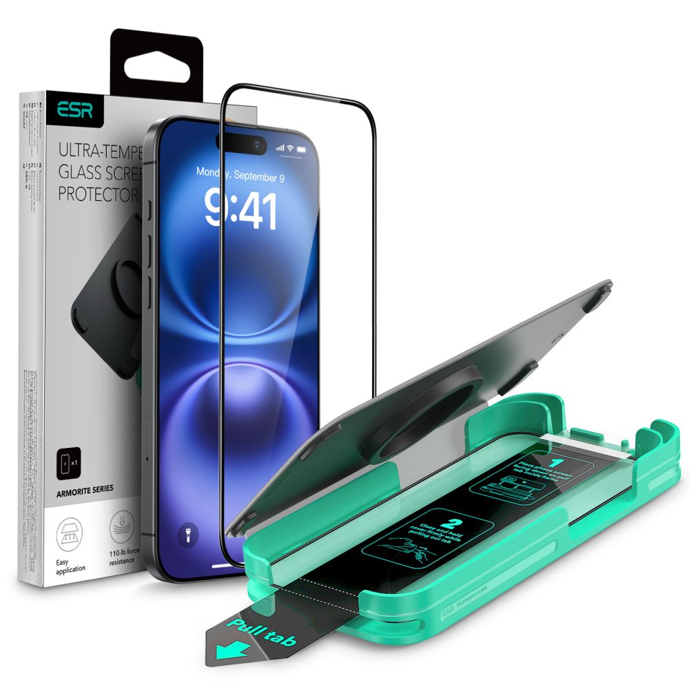 Beschermfolie ESR Armorite voor Apple iPhone 16 Plus / 15 Plus, Gehard Glas, Volledige Lijm, Zwart