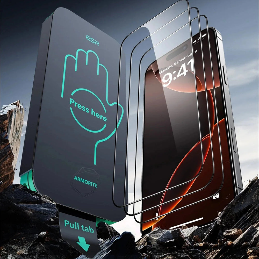 Film de protection d'écran ESR Armorite UltraFit pour Apple iPhone 17 Pro Max, Verre Trempé, Full Glue, Lot de 3 pièces, Noir.
