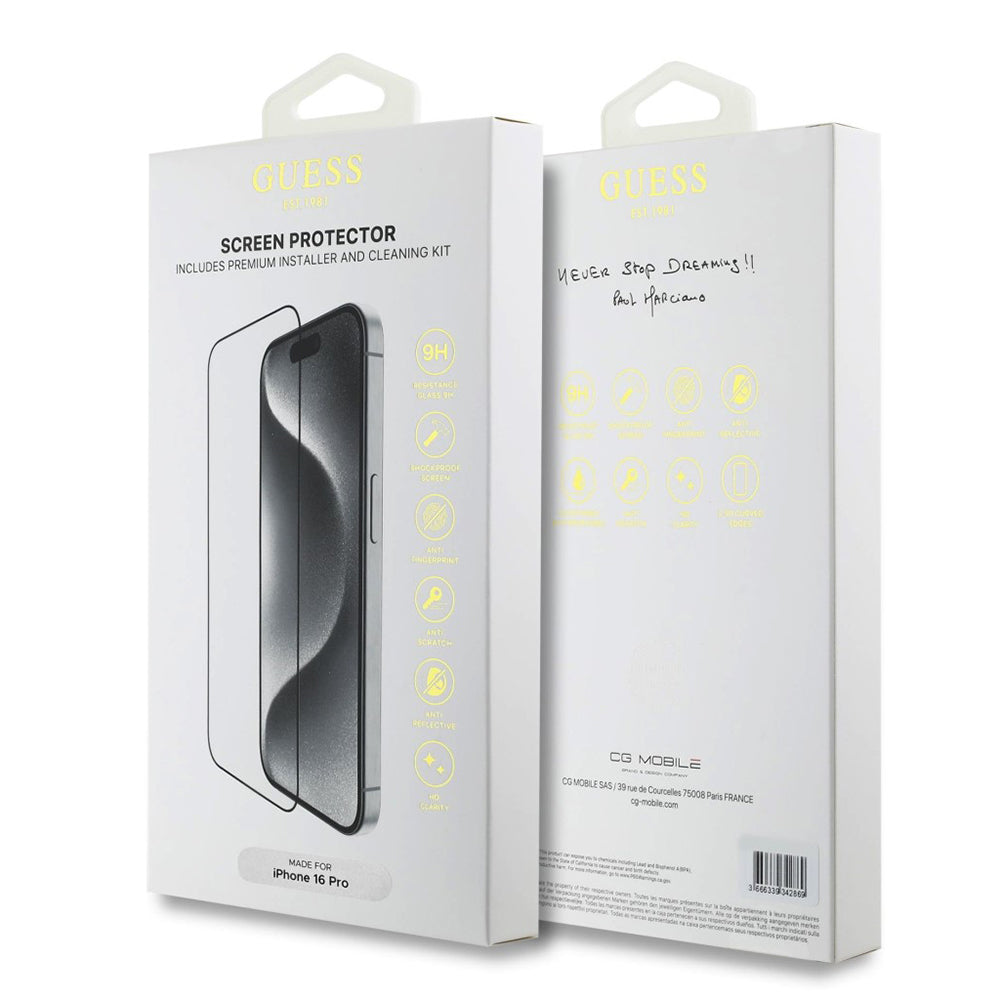 Film de protection d'écran Guess Classic Outline pour Apple iPhone 16, Verre Trempé, Full Glue, 2.5D, Noir