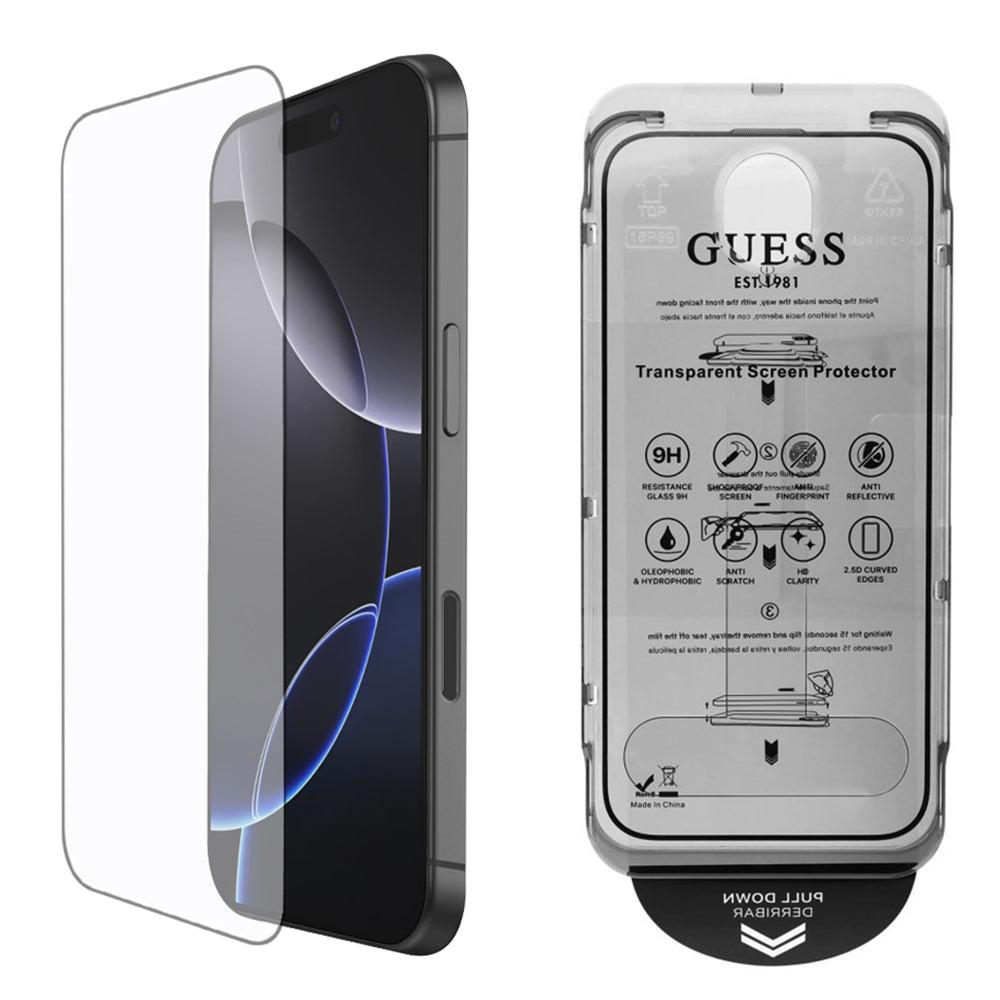 Film de protection d'écran Guess Classic Outline pour Apple iPhone 16, Verre Trempé, Full Glue, 2.5D, Noir