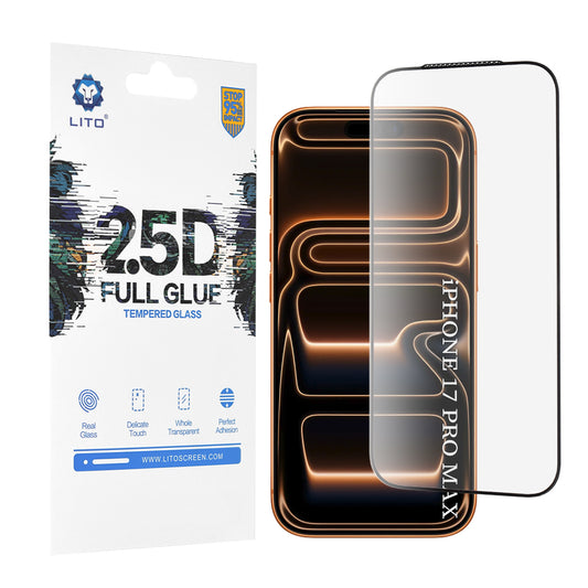 Beschermfolie Lito Scherm voor Apple iPhone 17 Pro Max, Gehard Glas, Full Glue, 2.5D, Zwart